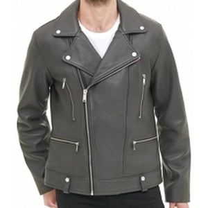 DKNY Men's Jonny Asymmetrical Leather Moto Jacket. Size Large, Dark Grey